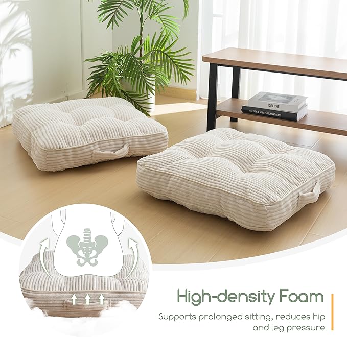 HIGOGOGO Washable Floor Pillow Cushion for Adults, Meditation Cushion Pillow, Large Square Floor Sitting, Removable Tufted Corduroy Cover, for Tatami Living Room or Yoga, 22x22 Inch, Machine Washable