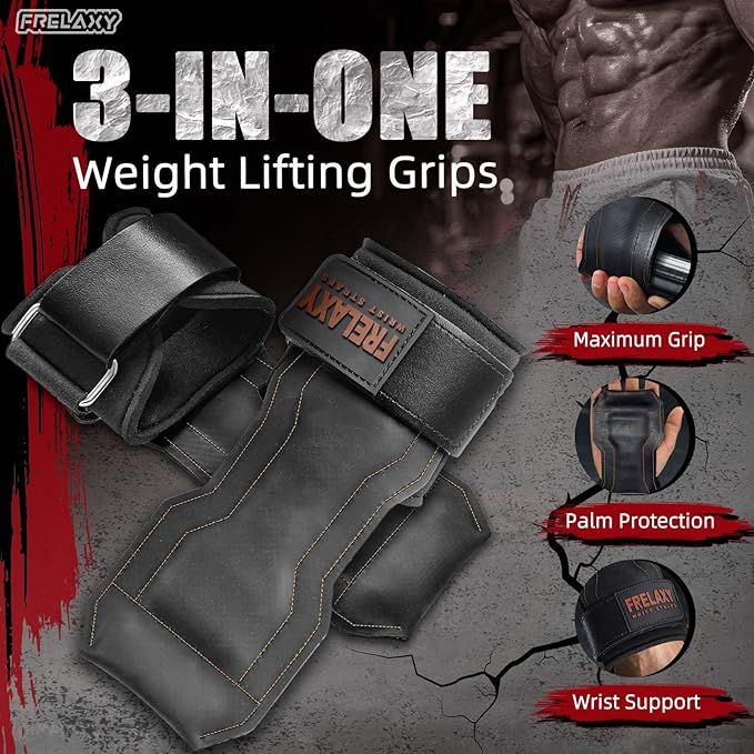 Frelaxy Lifting Wrist Straps, Rubber Weight Lifting Grips with Non-Slip Palm & Wrist Wraps Support for Deadlifts, Pull Ups, Rows, Heavy Powerlifting, Lat Pulldowns