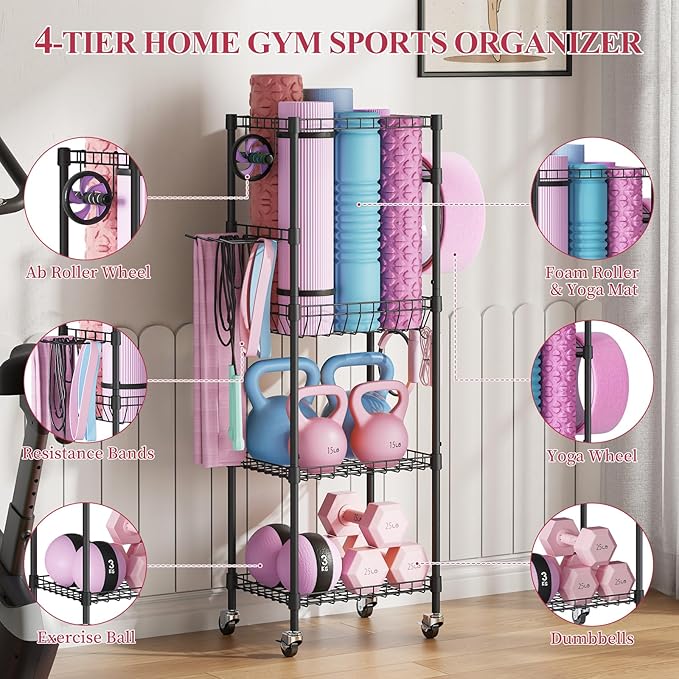 VOPEAK Home Gym Storage Rack with Wheels, Yoga Mat Storage Organizer for Kettlebells, Dumbbells, Resistance Bands, Space Saving Weight Rack for Home Gym, Garage, Easy to Install