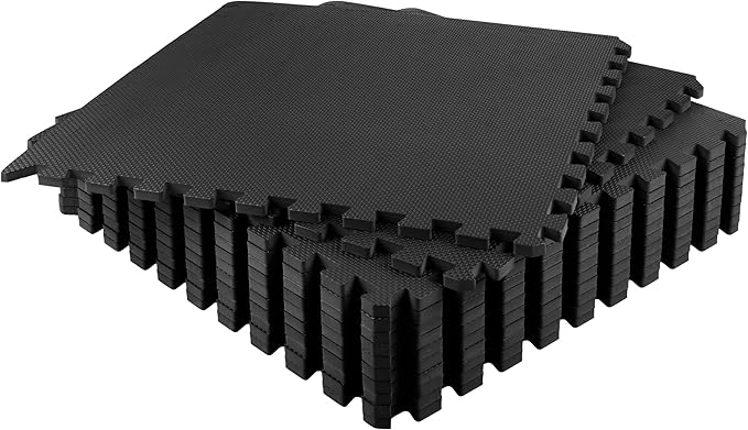 EVA Foam Mat Tiles 12-Pack - 48 SQ FT of Interlocking Padding for Garage, Playroom, or Gym Flooring - Exercise Mat or Baby Playmat by Stalwart (Black)