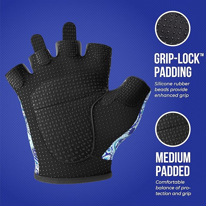 5387 Womens Design Series Paisley Print Lifting & Rowing Gloves (Pair) - Lightweight Vegan Medium Padded Microfiber Amara Leather w/Griplock Silicone