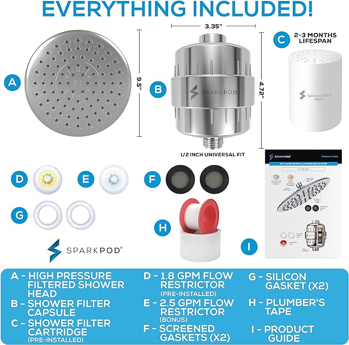 SparkPod Luxury Filtered Shower Head Set 23 Stage Shower Filter - Reduces Chlorine and Heavy Metals - High Pressure Showerhead Filter (9.5" Round, Luxury Polished Chrome)