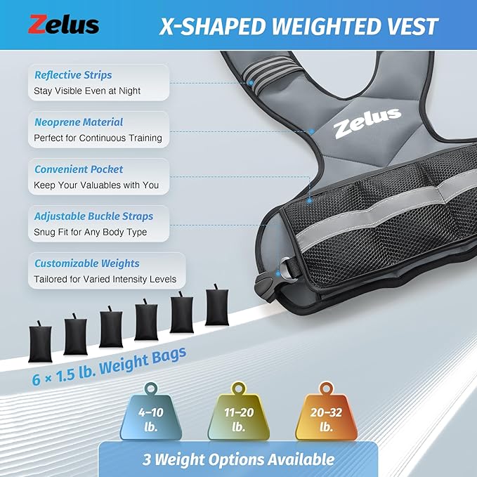 ZELUS Weighted Vest for Men and Women | 4-10lb/11-20lb/20-32lb Vest with 6 Ironsand Weights for Home Workouts | Adjustable Body Weight Vest Exercise Set for Cardio and Strength Training