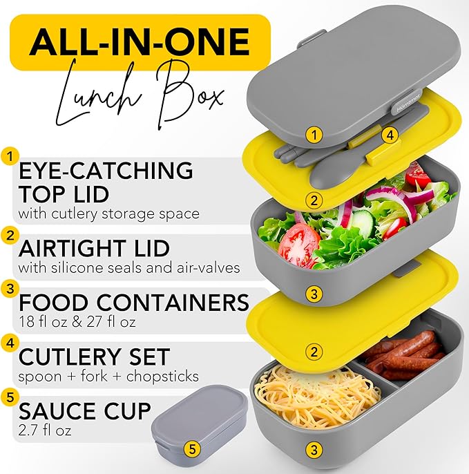 Premium Bento Lunch Box for Adults with Reusable Chopsticks, Modern Cute Food Container with Compartments, Leak Proof, Microwavable & Freezer Safe, Gray, 7.5x4.7x4.5 in (190x119x114 mm)