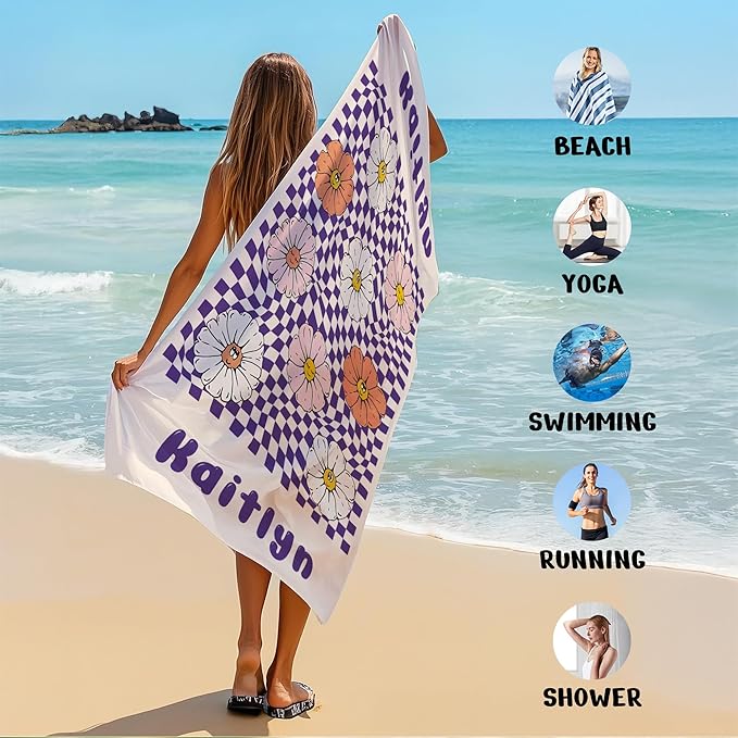 JML Personalized Beach Towel with Name, Custom Flower Beach Towel, Customized Microfiber Pool Towel, Quick Dry & Absorbent Swim Towel for Adult,Anniversary, Birthday, Summer Holiday,Vacation