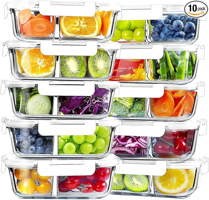 VERONES 10 Pack Glass Meal Prep Containers 2 Compartment Set, 30 OZ Airtight Glass Lunch Containers, Food Storage Containers with Lids, for Microwave, Oven, Freezer & Dishwasher Friendly,White