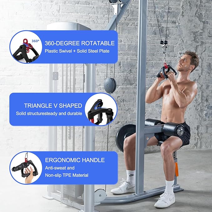Double D Handle for Cable Machine - Ergonomic Row Handle Cable Attachment - Triangle V Bar Grip LAT PullDown Attachments for Home Gym
