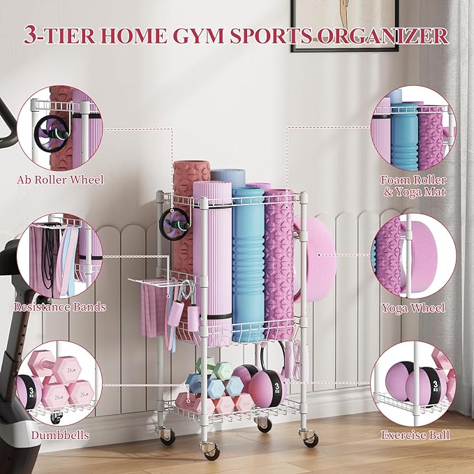 VOPEAK Home Gym Storage Rack with Wheels, Yoga Mat Storage Organizer for Kettlebells, Dumbbells, Resistance Bands, Space Saving Weight Rack for Home Gym, Garage, Easy to Install
