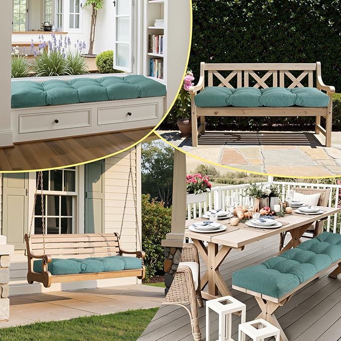 Waterproof Bench Cushion 42 Inch - Oliven Fabric, High-Density Foam, Non-Slip Bottom, Soft Durable Outdoor Tufted Long Seat Cushion for Window Garden Furniture (Water Blue, 42x16x4 Inch)