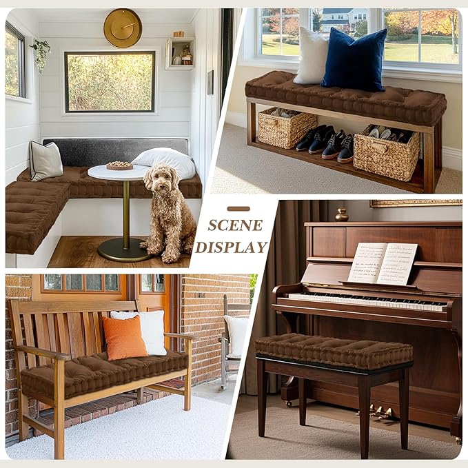 Bench Cushions for Indoor Furniture 42x16 in Velvet Kitchen Dining Piano Window Seat Cushion, Tufted Patio Porch Swing Thicken Bench Pad Memory Foam(Brown)