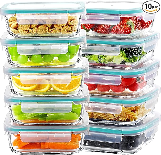 BAYZZ Glass Meal Prep Containers, 10 Packs 22 oz Airtight Glass Food Storage Containers with lids, Microwave, Oven, Freezer & Dishwasher Safe, Green