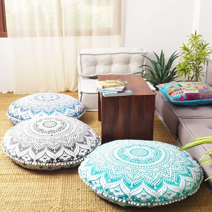 Eyes of India - Mandala Floor Pillow Cover Meditation Cushion Seating Throw Hippie Round Colorful Decorative Bohemian Indian Pouf Ottoman Handmade Cover ONLY (Omb-Blue, 32" x 32")