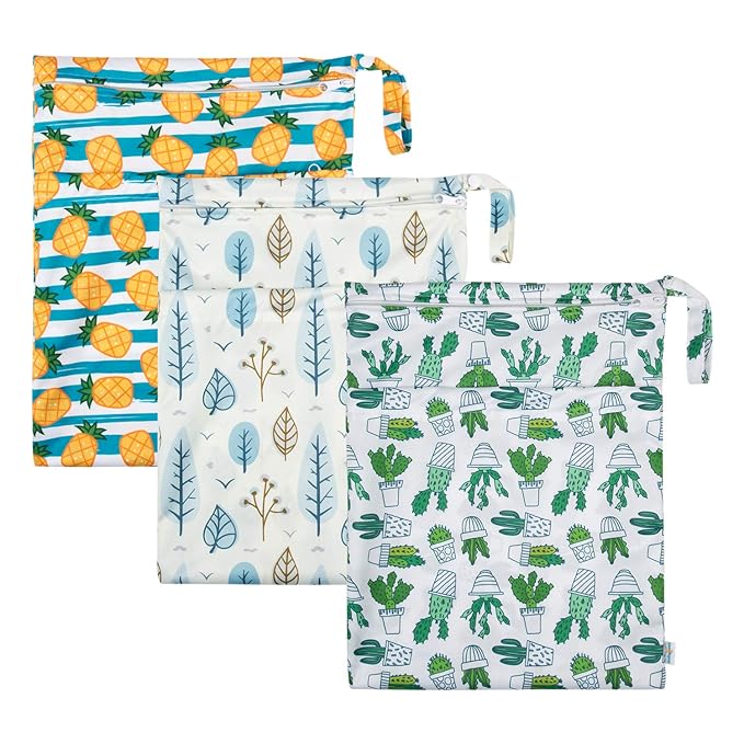babygoal Wet Dry Bags for Baby Cloth Diapers, Washable Travel Bags, Beach, Pool, Gym Bag for Swimsuits & Wet Clothes with Two Zippered Pockets 3 Pack, 3LN05