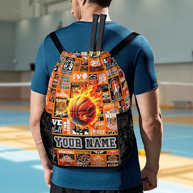 Custom Basketball Drawstring Backpack - Cool Cinch Sack, String Backpacks with Pocket for Kids Women Men Boys Girls for Gym Outdoor Sports Travel Athletic Drawstring Bag - Lightweight/Foldable