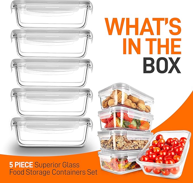 NutriChef 10-Piece Superior Glass Food Storage Containers Set (5 Containers + 5 Locking Lids),Stackable Meal-prep Design, BPA-free Airtight Clear Locking lids with Vent Lids & Air Hole, Gray