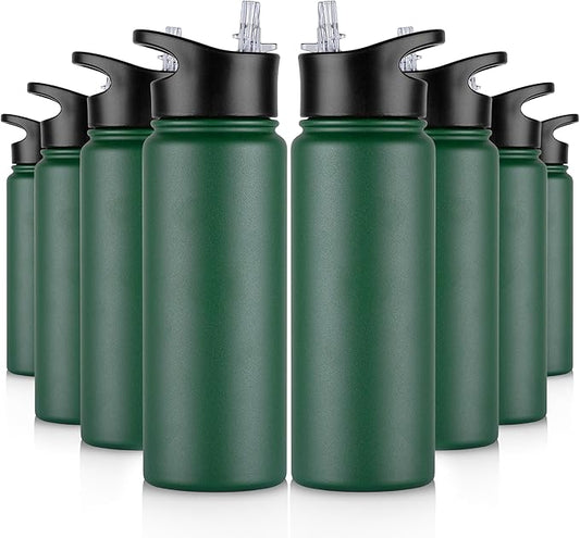 24 oz Insulated Water Bottle Bulk 8 Pack, Stainless Steel Sports Water Bottles with Straw Lid & Wide Mouth Lids, Double Walled Vacuum, Leak Proof, Dark Green