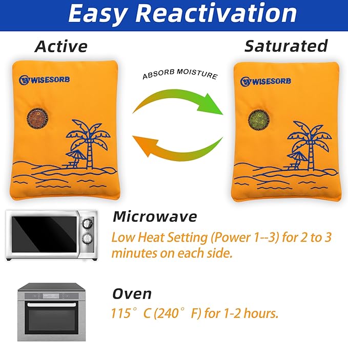500g 2pcs Rechargeable Car Dehumidifier Moisture Absorbers Bags, Reusable Desiccant Color Indicating Silica Gel Packets, Microwave Reactivated Visible Desiccant Packs for Car Closet Basement