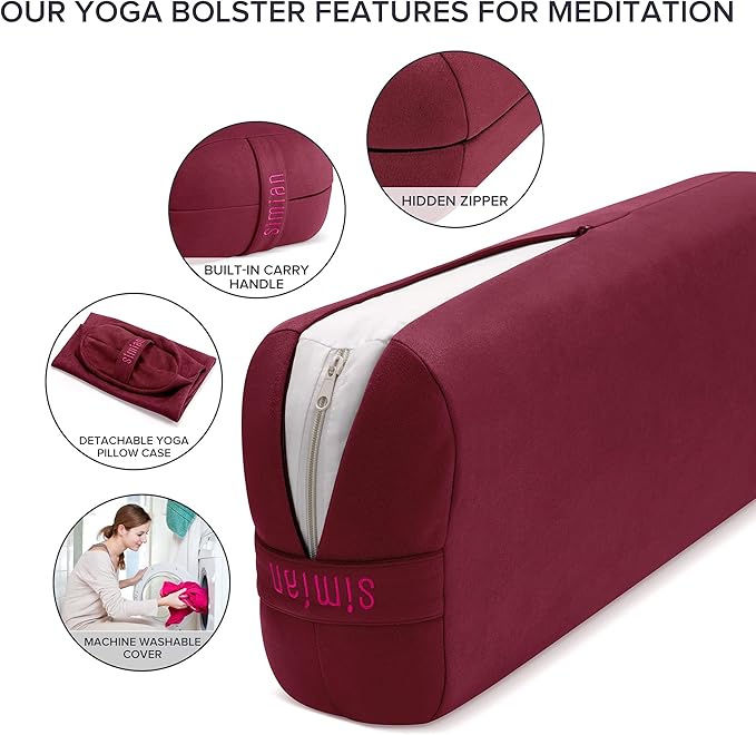Simian Premium Meditation Bolster - Rectangular Support Cushion with Velvet Cover, Washable, for Restorative & Yin Yoga