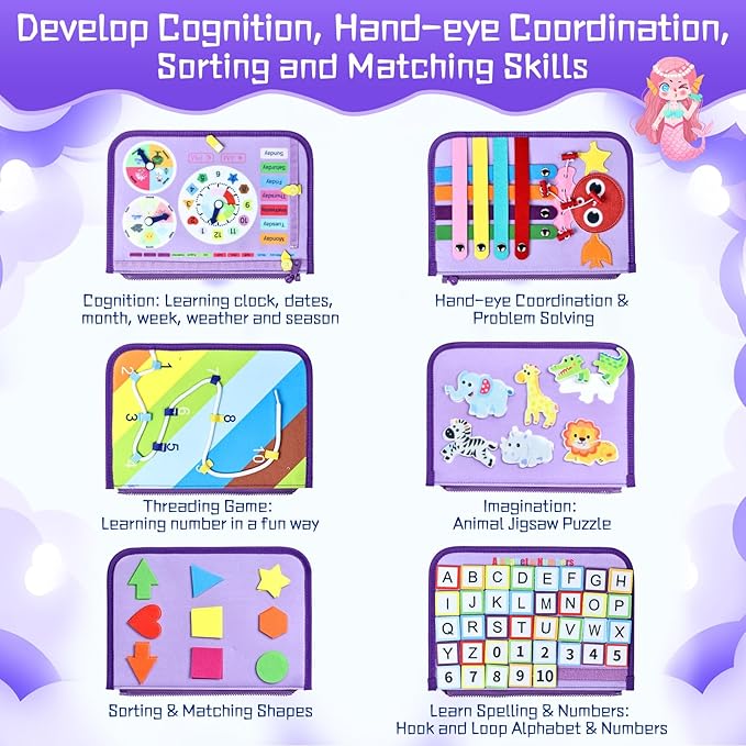 Esjay Toddler Busy Board Montessori Toys for Girls, Sensory Board Educational Activities Learning Fine Motor Skills, Birthday Gifts for Girls Toddlers, Travel Toys for Airplane Car, Purple Merpeople