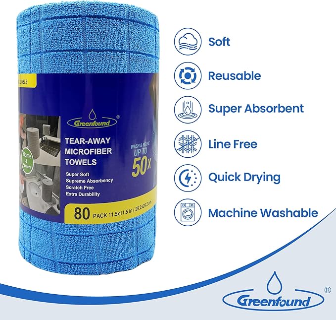 Greenfound Microfiber Cleaning Cloth Roll -80 Pack,Tear Away Towels for Car,Reusable Paper Towels Washable,Super Absorbent,Lint Free Cleaning Rags for House,Kitchen,Window-11.5"×11.5"(Check Blue)