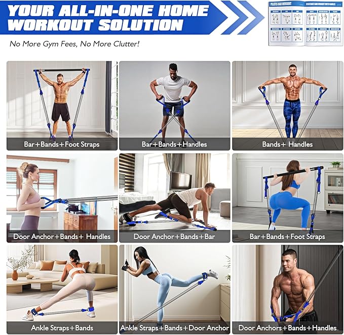 Pilates Equipment, Heavy Duty Pilates Bar Kit with Resistance Bands, Portable Gym Adjustable Exercise Bands, Home Squat Training, Arm, Abs, Waist, Chest Strength Workout Equipment for Men