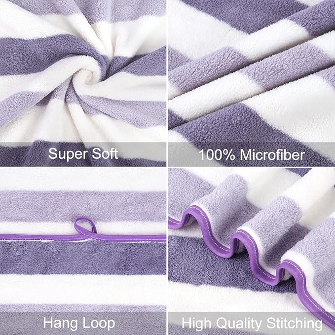 JML Microfiber Bath Towels, Bath Towel 2 Pack 30" x 60", Oversized, Soft, Super Absorbent and Fast Drying, Multipurpose Bathroom Towel Set for Sport, Fitness, Yoga, Coral Fleece Stripe Purple