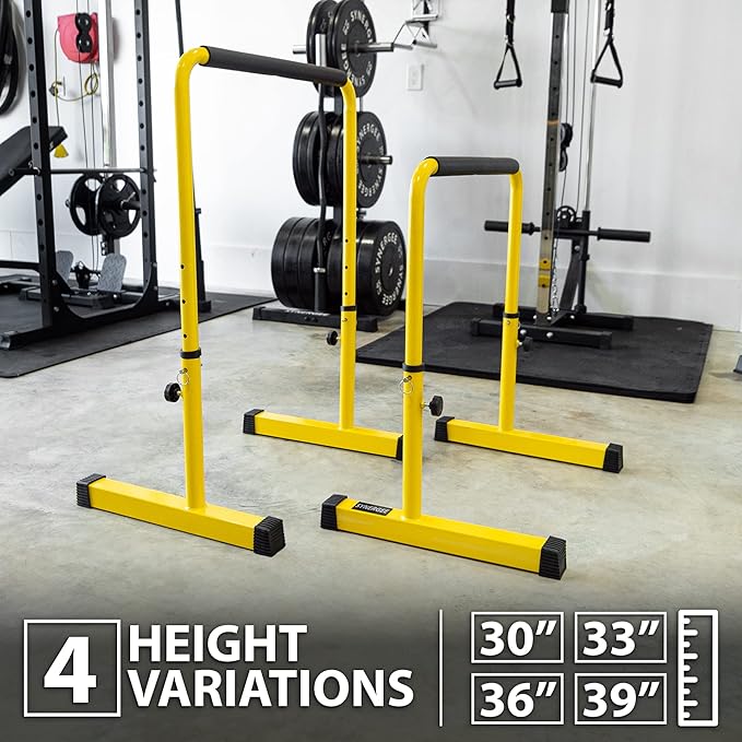Synergee Dip Bar. Adjustable Dip Station from 30” – 39” for Dips, Inverted Pull Ups. Max capacity 400 lbs. Portable Dip Stand for Total Body Workout. Available in Yellow and Black.