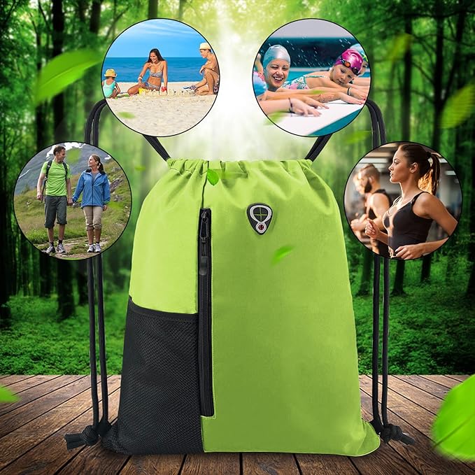 BeeGreen Lime Drawstring Backpack Gym Bag For Men & Women – Sports Sackpack with Mesh Water Bottle Holder & 2 Zippered Pockets – Large 16x20 Inch Cinch String Backpack Workout Bag for Running, Travel