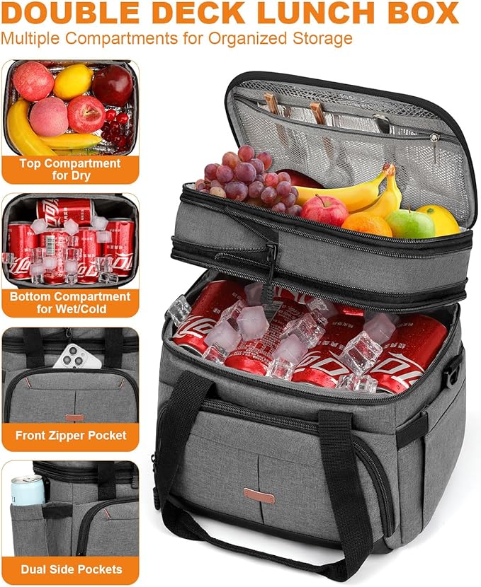 Lunch Box For Men Women Double Deck Insulated Lunch Bag For Men Woman Leakproof Expandable Cooler Bag with Adjustable Shoulder Strap for Work Picnic School(Gray,Medium)