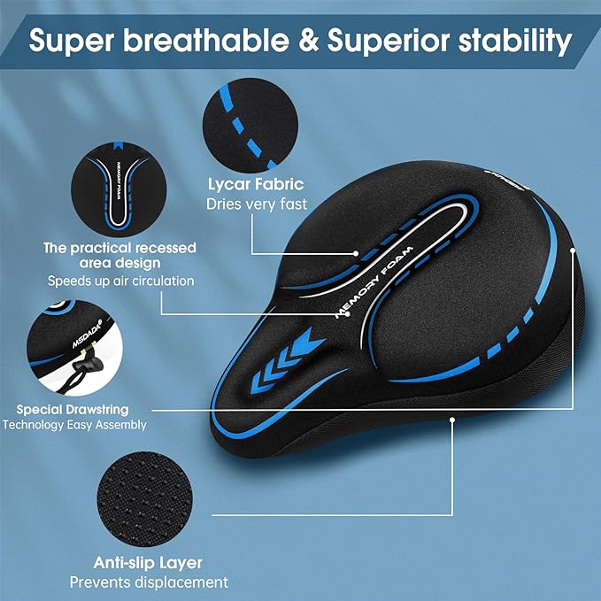 MSDADA New Large Gel Bike Seat Cover, Extra Soft Bike Seat Cushion for Men Women Comfort Wide, Fits Indoor/Outdoor/Exercise Bikes (11.22 inch x 10.03 inch)