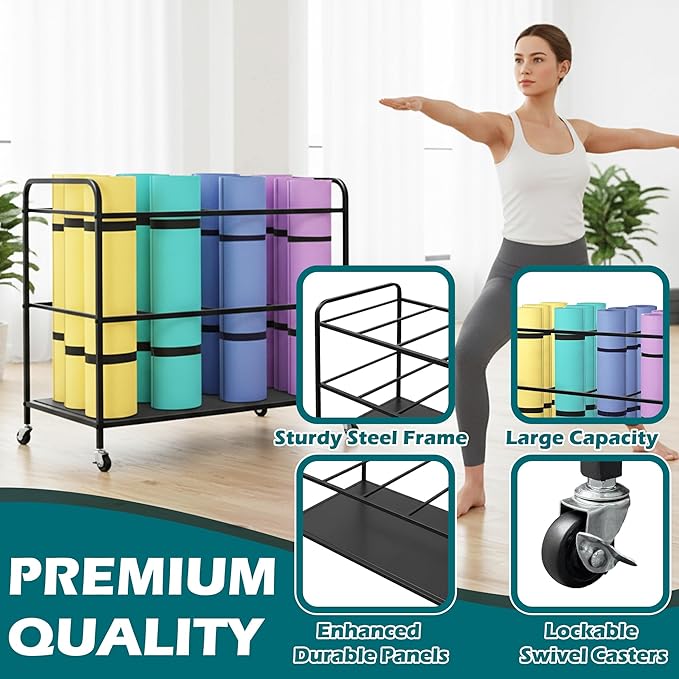 Yoga Mat Storage Basket,Yoga Mat Rack with Lockable Wheels,Holds up to 90lbs Gym Equipment Organizer Holder for Dumbbells, Kettlebells and Foam Rollers (Black)