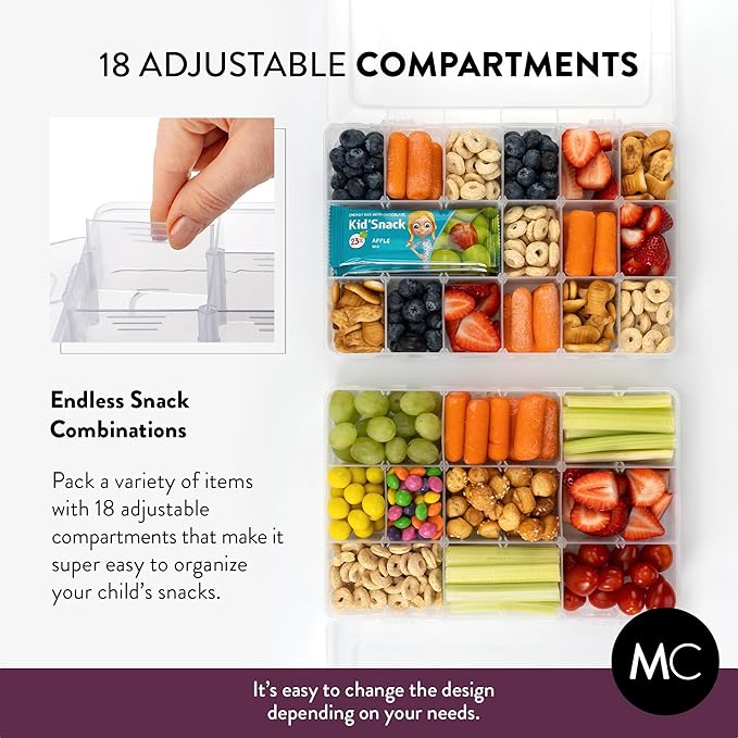 Large Kids Snack Box Containers Set of 2 -100 Labels, BPA-Free, Adjustable Compartments, Dishwasher Safe, Reusable Tray, Food Grade, Meal Prep Container, PARENT TESTED PARENT APPROVED AWARD (Clear)
