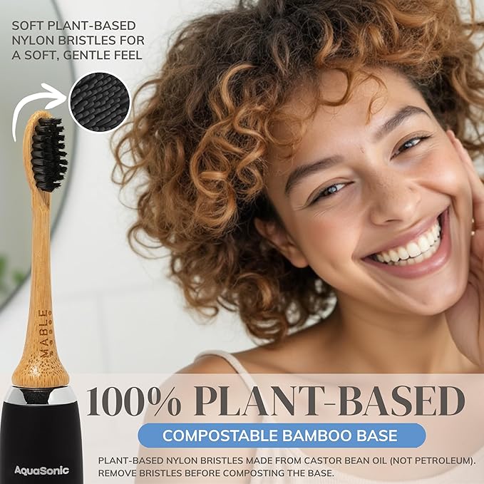 Bamboo Electric Toothbrush Heads | Compatible with Aquasonic Electric Toothbrush | 4 Brush Heads with Soft Bristles | Plant-Based Adult Size Replacement Heads