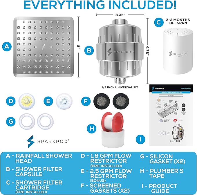 SparkPod Luxury Filtered Shower Head Set 23 Stage Shower Filter - Reduces Chlorine and Heavy Metals - High Pressure Showerhead Filter (8" Square, Luxury Polished Chrome)