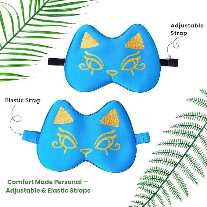 Silk Sleep Mask Blindfold Eye Mask for Sleep Cute Cat Print Embroidered Eye Cover Adjustable Oversized Egyptian Bastet with Gift Box&Pouch(Nefertari Blue-Elastic Strap)