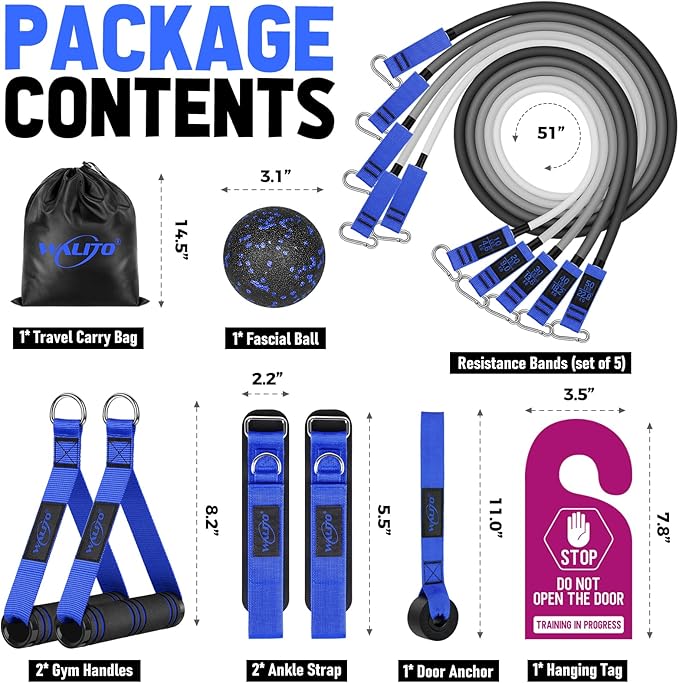 WALITO Resistance Bands Set - Exercise Bands with Handles, Door Anchor, Legs Ankle Straps, for Heavy Resistance Training, Physical Therapy, Muscle Training, Yoga, Home Workouts, Gym