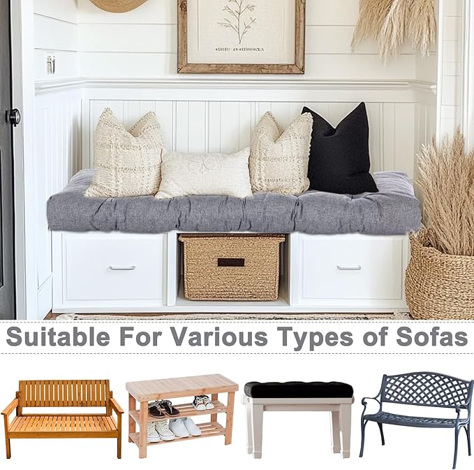 2 Pack Outdoor Bench Cushion Patio Waterproof Porch Swing Cushions Tufted Memory Foam Bench Seat Pads Thicken Non Slip for Outside Indoor Garden Furniture Wicker Loveseat Settee(Gray,48x18 Inch)