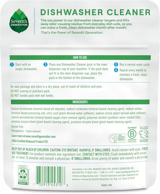Seventh Generation Dishwasher Cleaning Packs 6 Count Free & Clear Removes odor-causing residue Powered by oxy power