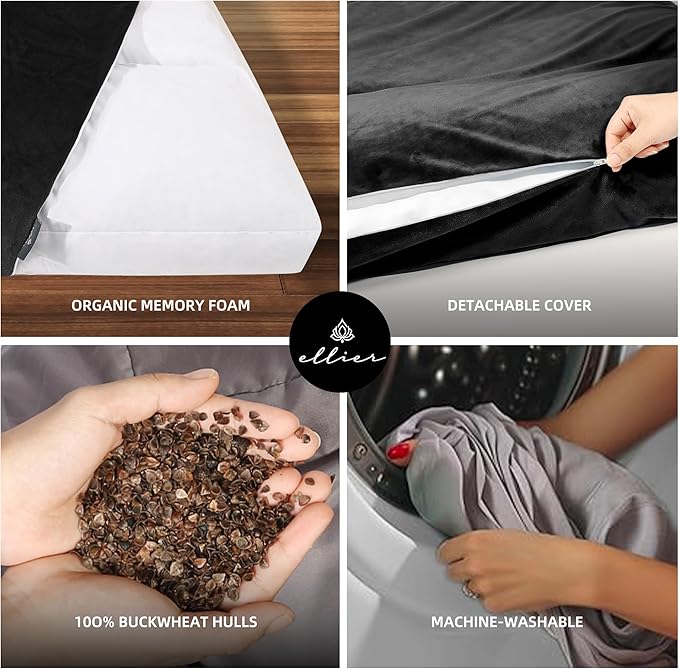 Zafu & Zabuton Meditation Cushion Set - Buckwheat Hull & Memory Foam Pillows, Ergonomic Support for Yoga, Mindfulness - Organic Velvet Cover, Large Size, Durable Comfort (Black)