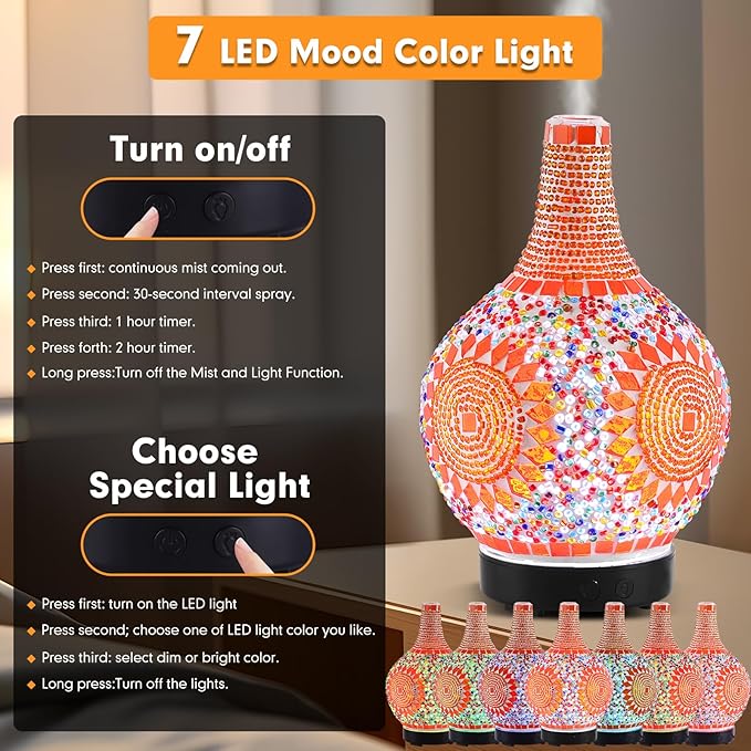 Mosaic Glass Diffuser, Tiffany Aromatherapy Diffuser 7 Color Changing Turkish LED Cold Air Diffuser Sunflower Moroccan Essential Oils for Diffusers for Home Office