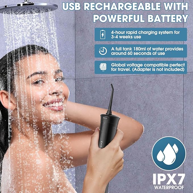 HANGSUN Portable Travel Water Flosser - Compact Cordless,30 Days Battery, Deep Plaque Removal, 4 Modes with DIY, 6 Nozzles for Sensitive Gums&Braces, IPX7, Telescopic 180ml Tank, Rechargeable, Black