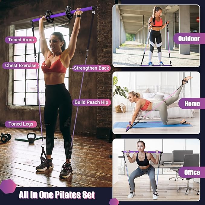 Pilates Bar Kit with Resistance Bands, Multifunctinal Exercise Bar with Ab Roller for Pilates/Abs/Weight Loss, Portable Home Gym Pilates bar kit for Full Body Training Women