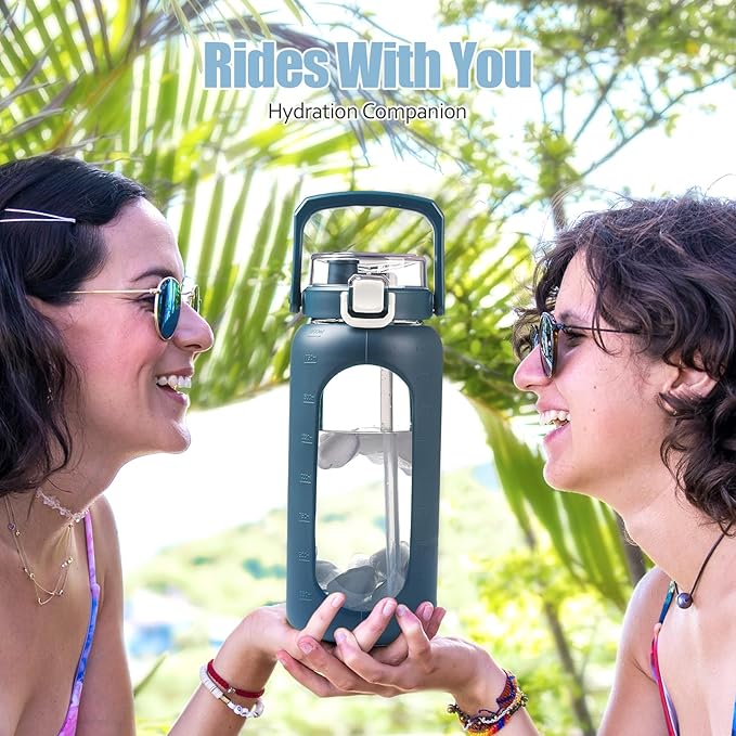 BLUEGO 64oz Glass Water Bottle with Handle and Straw, Motivational Sports Water Bottle with Time Marker and Silicone Sleeve Leakproof Drinking Bottle for Travel Gym Workout, Dark Blue