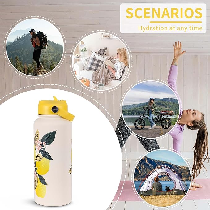 Goetland Flowers Water Bottle Beverage Bottle with Straw Lid 32 oz Stainless Steel Wide Mouth Vacuum Insulated Cute UV Printing Leak Proof For Women Girls Kids Lemon