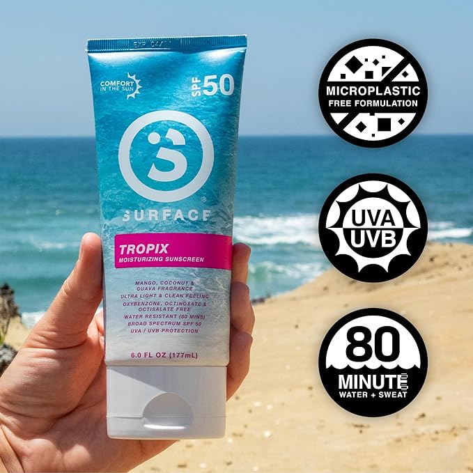 Surface Sunscreen Lotion SPF 50 for Face & Body, Lightweight Natural Formula, Reef Friendly, Broad Spectrum UVA UVB Protection, Water Resistant Sun Care for 80 Minutes Outdoor Use, Tropical Scent, 6oz