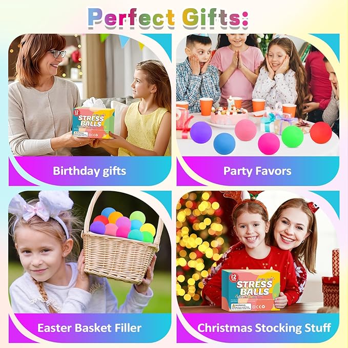 12 Pack Slow Rising Stress Ball,Stress Balls for Kids Adults,Stretchy Fidget Toys for Stress Relief,Hand Therapy Sensory Squishy Ball, Squishy Toys for Kids, Classroom Prize Box Party Favors