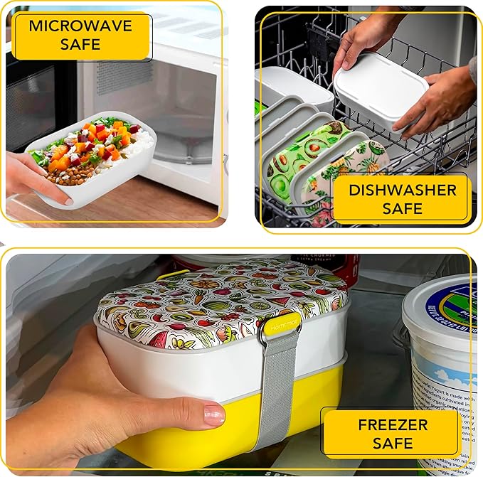 Insulated Stackable Bento Box for Adults with Reusable Chopsticks Japanese Lunch Box Microwavable & Leak Proof Lunch Containers for Men & Women Modern Cute Food Container with Compartments (Yellow)