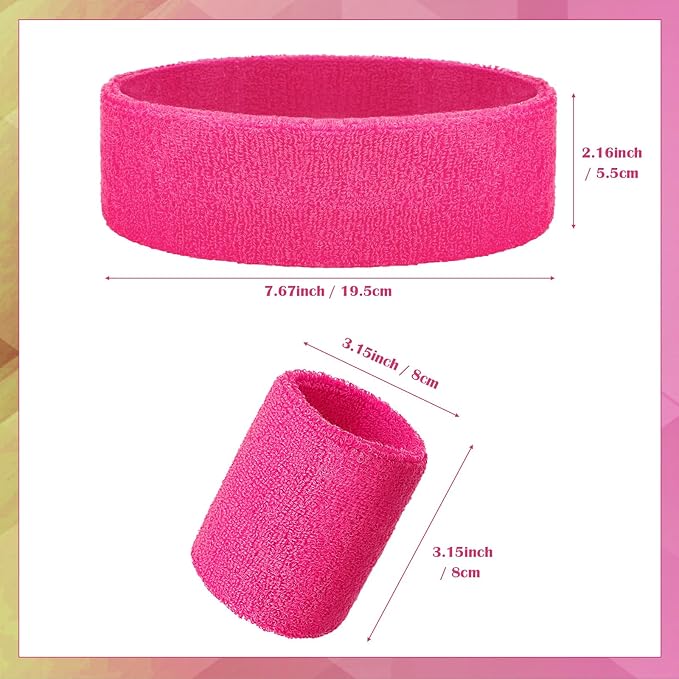 24 Pieces 80s Neon Sweatbands Set, Include 8 Sports Headbands and 16 Sweat Wristbands Elastic Athletic Tennis Sweat Bands Bulk for Man Woman