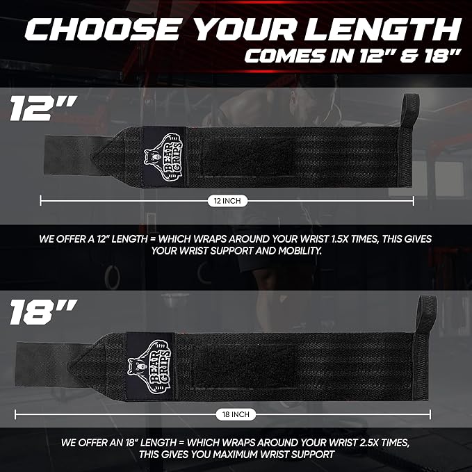 Bear Grips Wrist Wraps for Weightlifting | Weight Lifting Wrist Straps for Weightlifting | Extra Strength Gym Wrist Wraps | Two Wrist Wrap Per Pack | 12β & 18β | Lifting Wrist Wraps for Men & Women