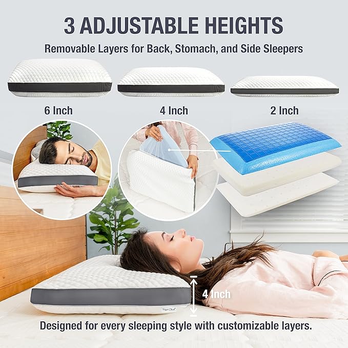 Perfect Cloud The Perfect Pillow Dual Temperature Memory Foam Pillow with Adjustable/Removable Layers for Back, Stomach, & Side Sleepers - Luxury Custom Loft Bed Pillow for Sleeping - Standard
